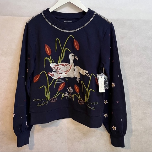 WORN on TV: NWT ANTHROPOLOGIE Maeve SWAN LAKE Embroidered Beaded Sweatshirt XS - Picture 9 of 13